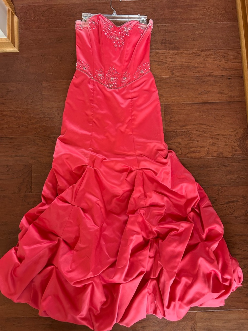 Masquerade Strapless Beaded Gown in Bright Coral
